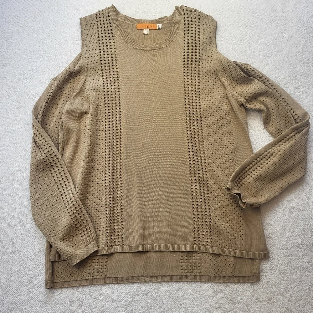 One A Cold Shoulder Long Sleeve Laser Cut Tan Top Women's Size XL - Picture 9 of 10